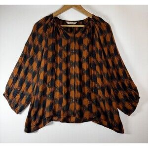 Tucker Silk Blouse‎ Womens Small Brown Black Abstract Ikat Boho Button Front Top